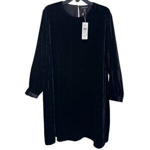 EILEEN FISHER XL BLACK VELVET CREW NECK KNEE LENGTH DRESS NWT $348